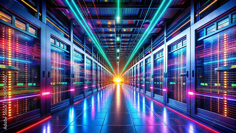 Poster captivating long exposure of a server room with vibrant led lights and dynamic data flow for technol