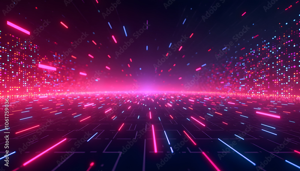 Poster vibrant retro-style digital background with neon pixels and bright colors, creating a dynamic atmosp