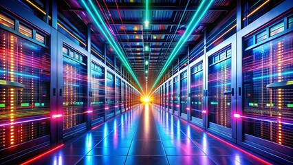 Captivating Long Exposure of a Server Room with Vibrant LED Lights and Dynamic Data Flow for Technology Enthusiasts and IT Professionals