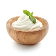 Wooden bowl with tasty sour cream isolated on white background, closeup