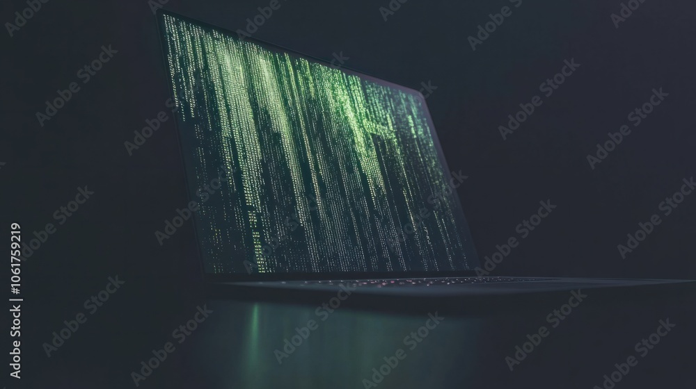 Poster close-up of a laptop with coding overlay, symbolizing the digital transformation in business