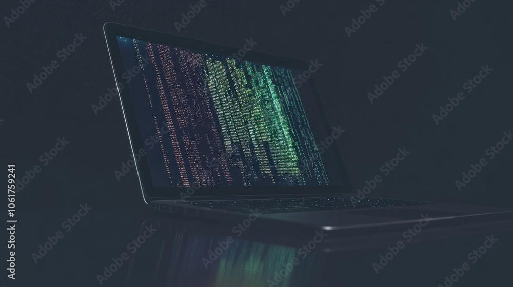 Poster close-up of a laptop with coding overlay, symbolizing the digital transformation in business