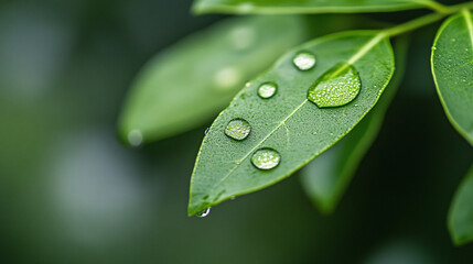 A stunning macro botanical shot of a vibrant green leaf, capturing each delicate vein and texture in exquisite detail. Tiny dew droplets rest on the surface, reflecting light and adding a fresh,