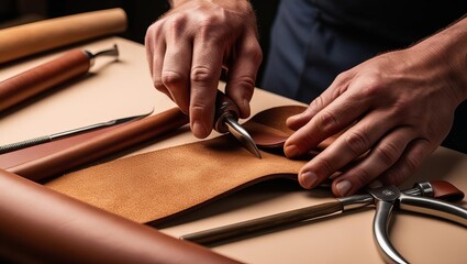 Artisan craftsman skillfully working on leather with tools, showcasing meticulous attention to detail in leatherwork process.