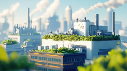 Obraz premium Sustainable industry goals, clean factory with rooftop greenery, 3D illustration