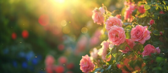 Beautiful pink roses blooming in the garden with sun light.