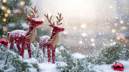 Christmas reindeer decorations snowy background