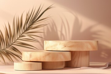 Wooden podiums on white background with dried flowers. Mockup for product presentation