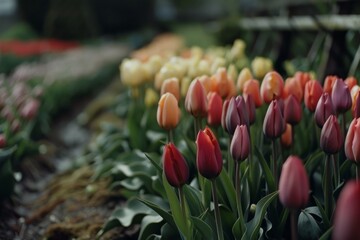 Rows of tulips in a spectrum of colors stand tall, celebrating spring with their vivid blooms and lush green leaves.