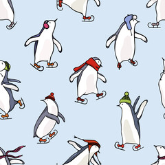 Vector seamless pattern with hand drawn cute penguins skating on ice. Ink drawing, funny illustration, beautiful Christmas and New Year celebration design elements.