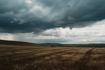 Fototapeta premium Dark, looming storm clouds hover over vast, empty fields, capturing the dramatic contrast between impending weather and open landscape.