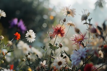 A sunlit garden bursts with wildflowers of every shade, their petals dancing in the gentle breeze, framing a scene of nature's vivid splendor.