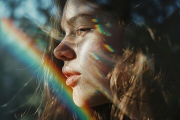 A woman's profile in natural light with a rainbow prism effect, capturing an introspective moment blending emotion with colorful serenity.