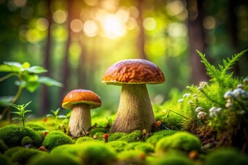 Captivating Tilt-Shift Photography of Two Edible Porcini Mushrooms Growing in Lush Forest Underbrush - Nature's Delicacies, Fungi Exploration, and Culinary Treasures in Focus