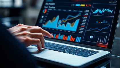 Business man using laptop analyzes business data