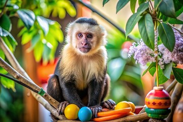 Naklejka premium Capuchin Monkey: The Ideal Pet for Home Companionship and Affectionate Bonding in a Lively Environment
