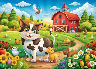 Naklejka premium Cartoon Cat Farm Scene with Double Exposure Effect for Children’s Illustrations - Playful Animal Theme, Isolated Background, Fun Name Template Design