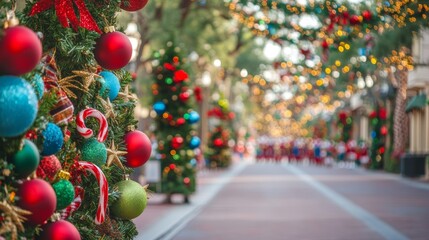 Colorful holiday parade route lined with festive decorations background