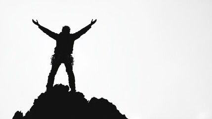 Silhouette of climber reaching peak with arms raised, [victory and perseverance], [celebration of personal success] 