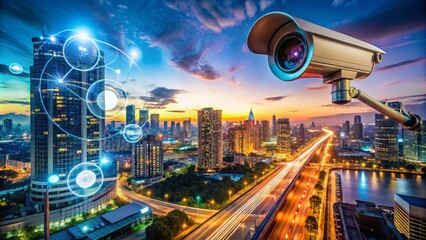 CCTV Camera HUD Photo Effect Template - Panoramic View with Digital Overlay, High-Tech Surveillance Imagery, Urban Landscape, Modern Technology, Security Visuals, Futuristic Design