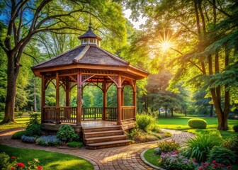 Fototapeta premium Serene Wooden Gazebo in a Lush Summer Park Setting - Architectural Photography of Nature's Tranquility