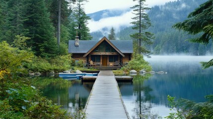Fototapeta premium Tranquil Lakeside Cabin in Serene Nature Setting