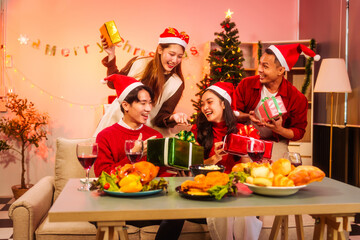 An upbeat New Year’s Eve celebration with Asian friends, family, colleagues, blending work and holiday vibes.while table brims with champagne, wine, gift boxes, delicious foods grilled chicken