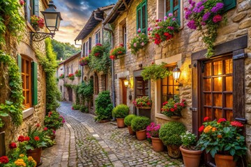 Fototapeta premium Charming Narrow Street in an Old Village with Traditional Houses and Cobblestone Pathway - European Architecture, Historic Charm, Quaint Village Life