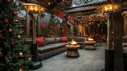 Obraz premium Cozy outdoor lounge area with heaters and festive decor for New Year celebrations background