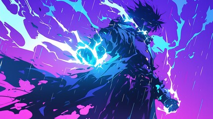 hero in long robe, with his fist emitting bright lightning, heavy rain falls, colorful anime style