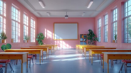 Sunlit classroom with wooden desks, pink walls, and large windows. A quiet and peaceful learning environment ready for students.