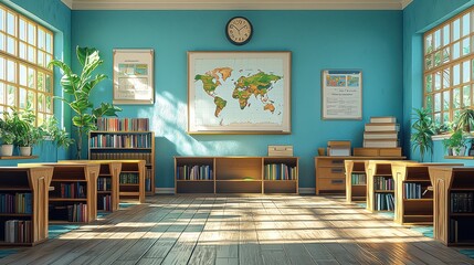 Sunlit classroom with wooden desks, bookshelves, and green plants creating a warm learning environment. Map on wall and clock add charm.