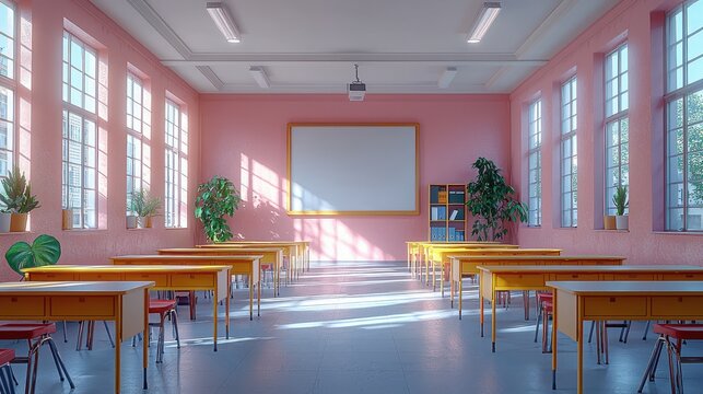 Sunlit classroom with wooden desks, pink walls, and large windows. A quiet and peaceful learning environment ready for students.
