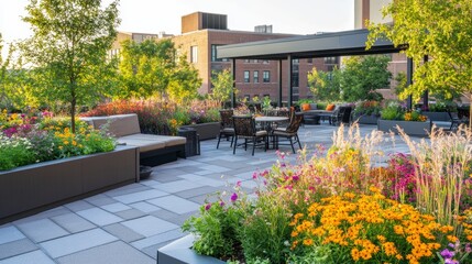 Cozy rooftop garden with flowers and seating areas background