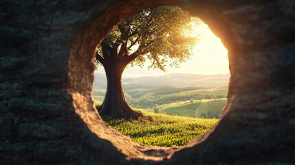 Obraz premium Keyhole view of sunlit landscape, [success opportunity], [concept of visualizing and unlocking potential]