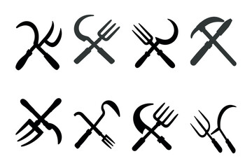 Collection of agricultural tools and symbols on white background