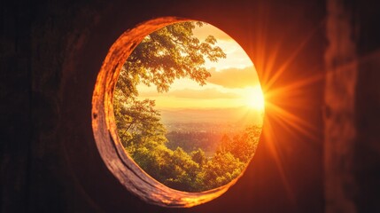 Keyhole view of sunlit landscape, [success opportunity], [concept of visualizing and unlocking potential]