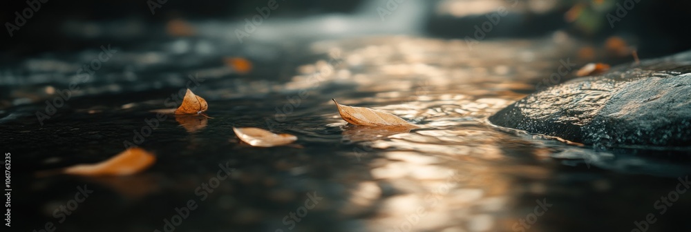 Poster close up of leaves floating in a stream.