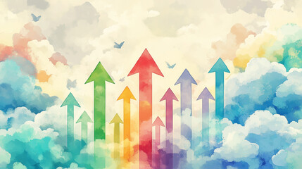 Colorful arrows shooting upward from billowing clouds with sunlight rays breaking through, symbolizing an optimistic growth mindset and soaring ambitions, Generative AI