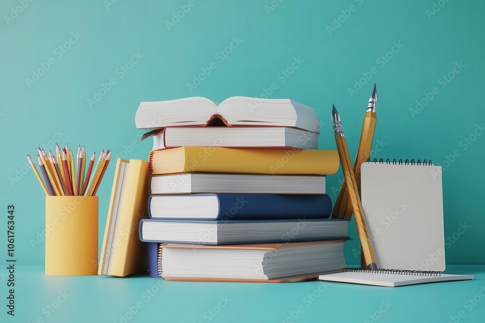 Poster a neatly arranged stack of books beside stationery items on a vibrant turquoise background, creating