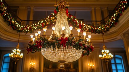 Obraz premium Elegant chandelier in a grand hall decorated for the holiday season background