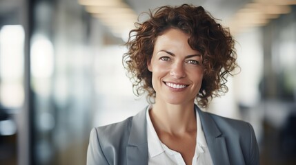 Fototapeta premium businesswoman with a warm, steady smile is walking through a bustling office hallway,