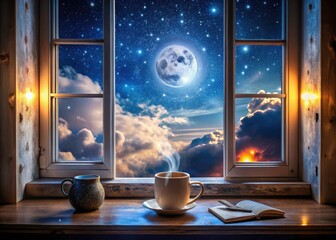 Fototapeta premium Surreal Scene of a Mug on a Windowsill Under a Glowing Full Moon with Dreamy Night Sky