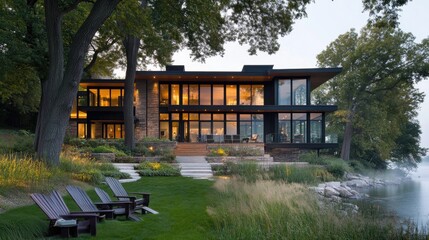 Obraz premium Modern lakeside home with stunning architecture and views
