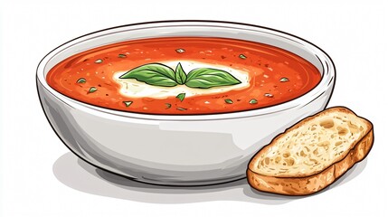 Bowl of Tomato Soup with Basil and Crusty Bread