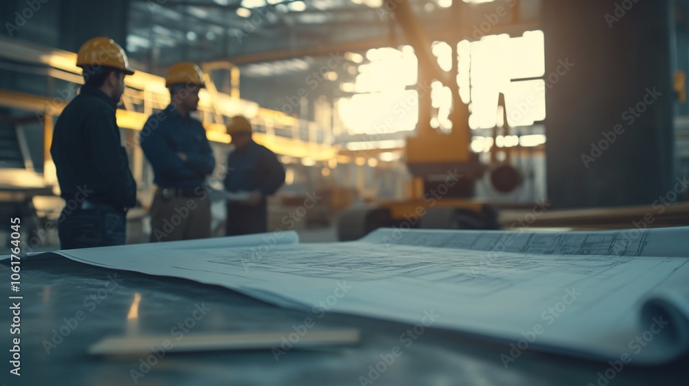 Poster A blueprint on a table in the foreground with three engineers in the background talking in a factory.
