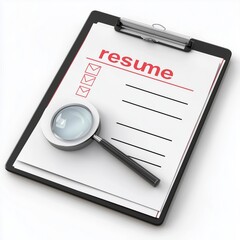 3d CV resume for job search icon on white. Interview document on clipboard, magnifying glass. Personal profile icon for worker HR search, human resources concept. Cartoon smooth. 3d rendering.