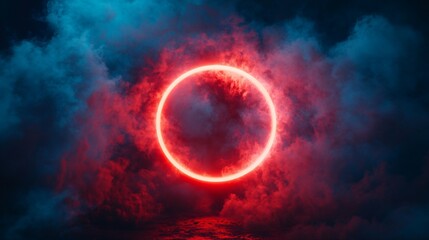 Abstract image featuring a red circular shape surrounded by blue and red smoke against a dark background, creating a dynamic and futuristic visual effect