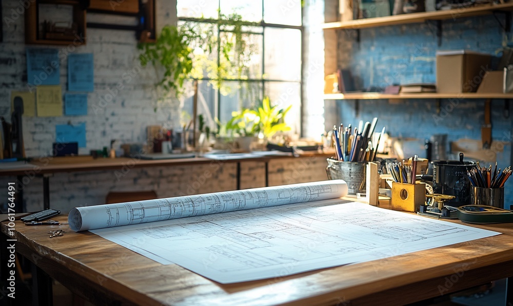 Poster a blueprint on a wooden table in a workspace, with pencils and tools in the background, against a br