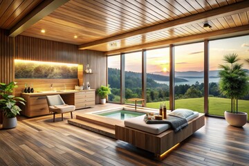 Tranquil Modern Indoor Spa with Scenic Countryside View, Serene Wooden Interior Design for Relaxation and Rejuvenation, Spa Retreat, Wellness Oasis, Nature-Inspired Aesthetic